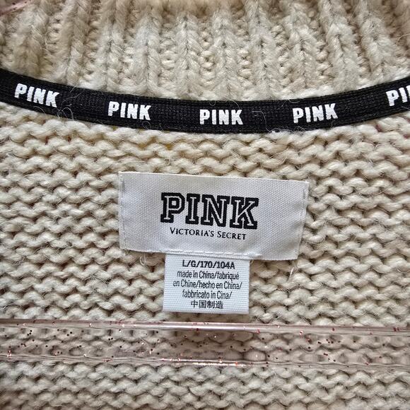 Victoria's Secret PINK cream chunky knit long sleep crewneck sweater large - Picture 2 of 13